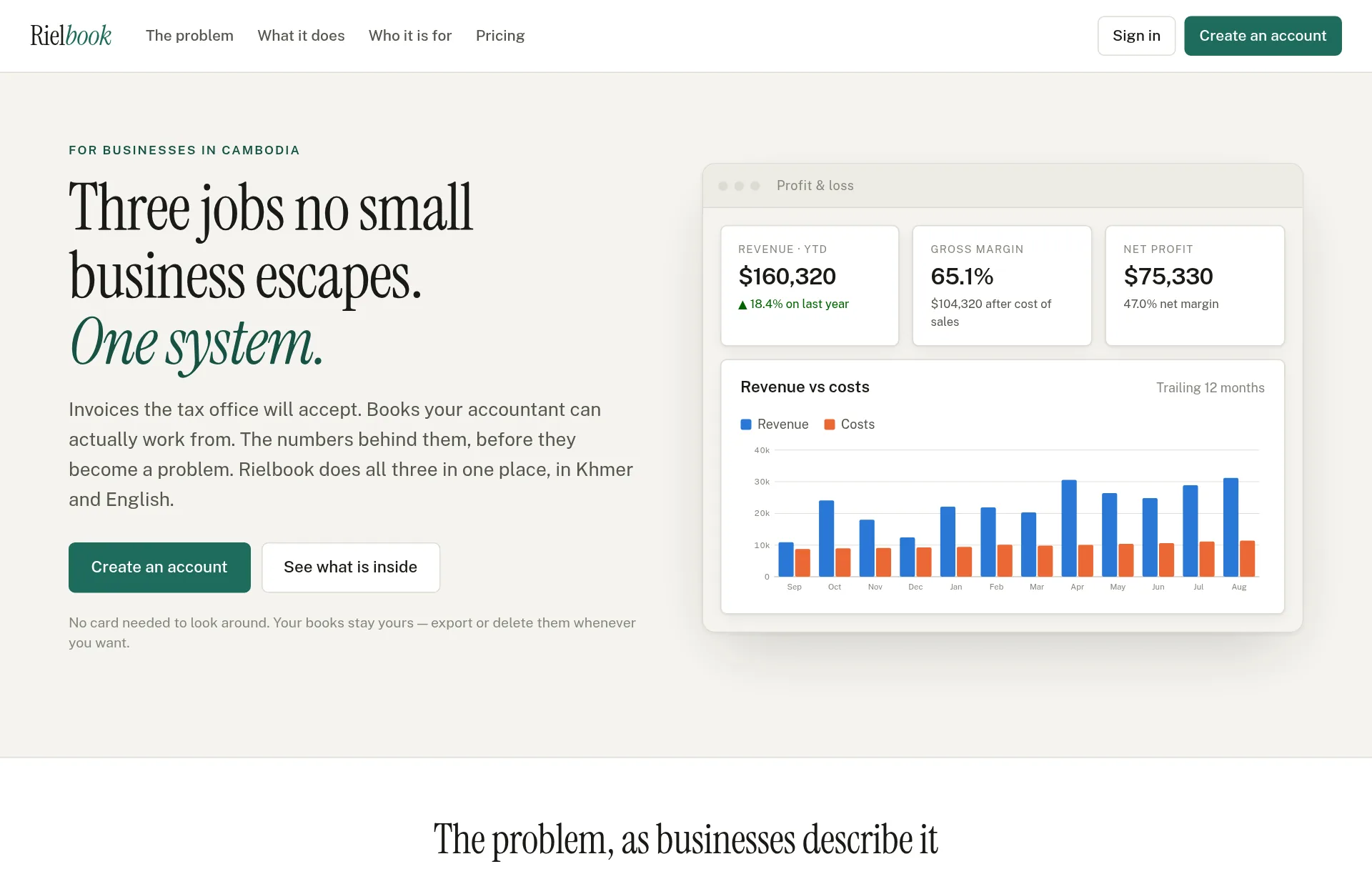 The Rielbook front page, with the Create an account button
