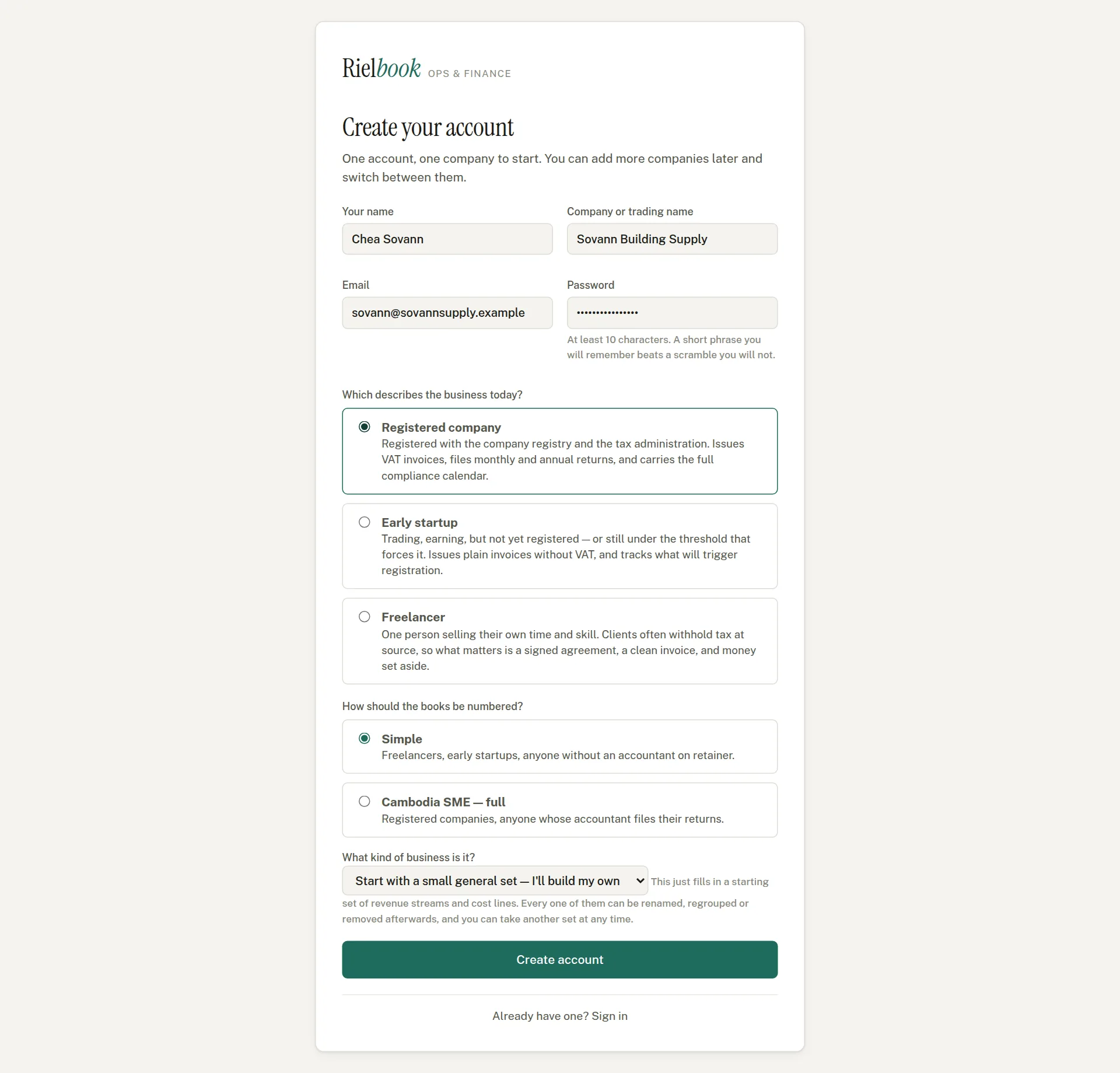 The Create your account form filled in for Sovann Building Supply