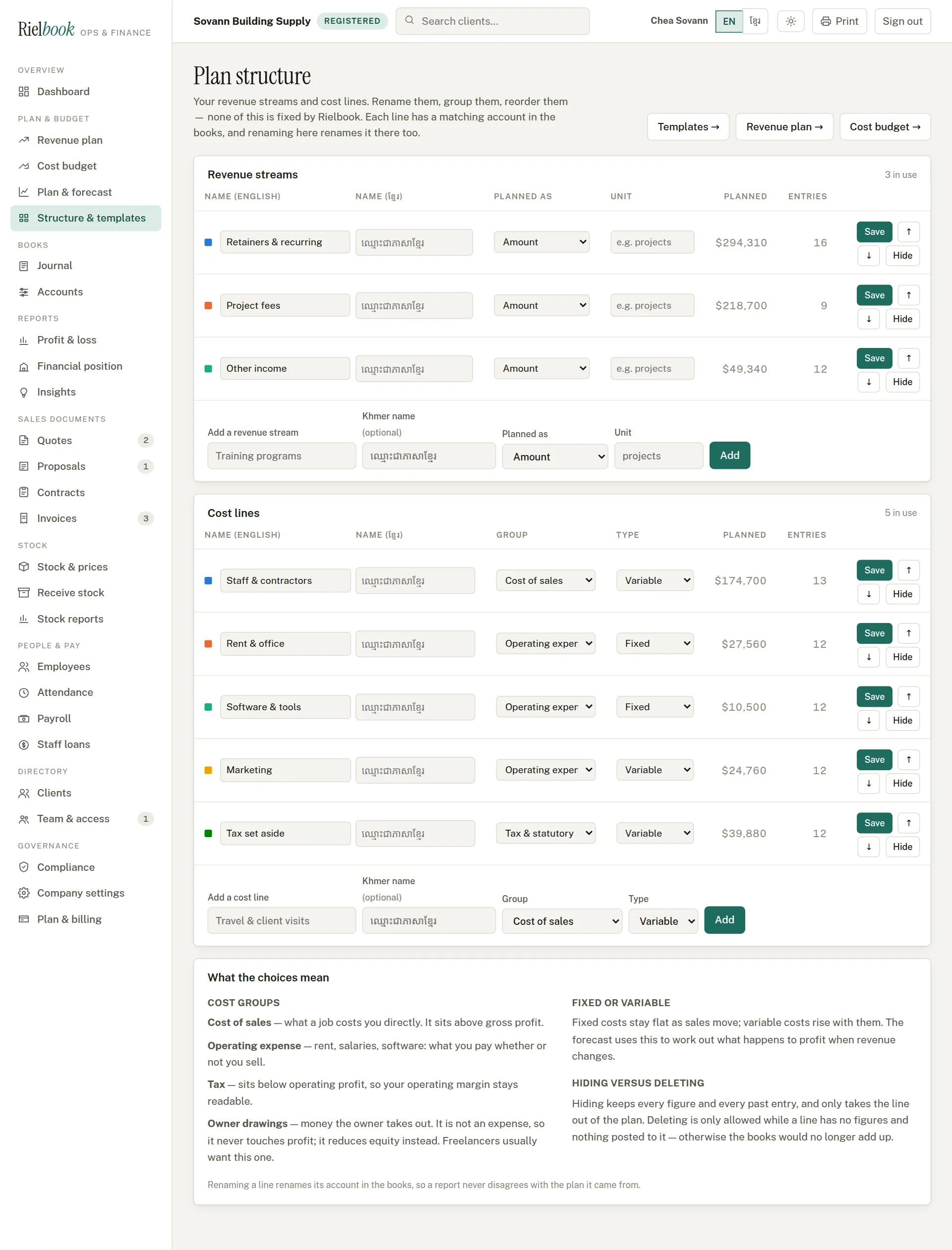 The plan structure page