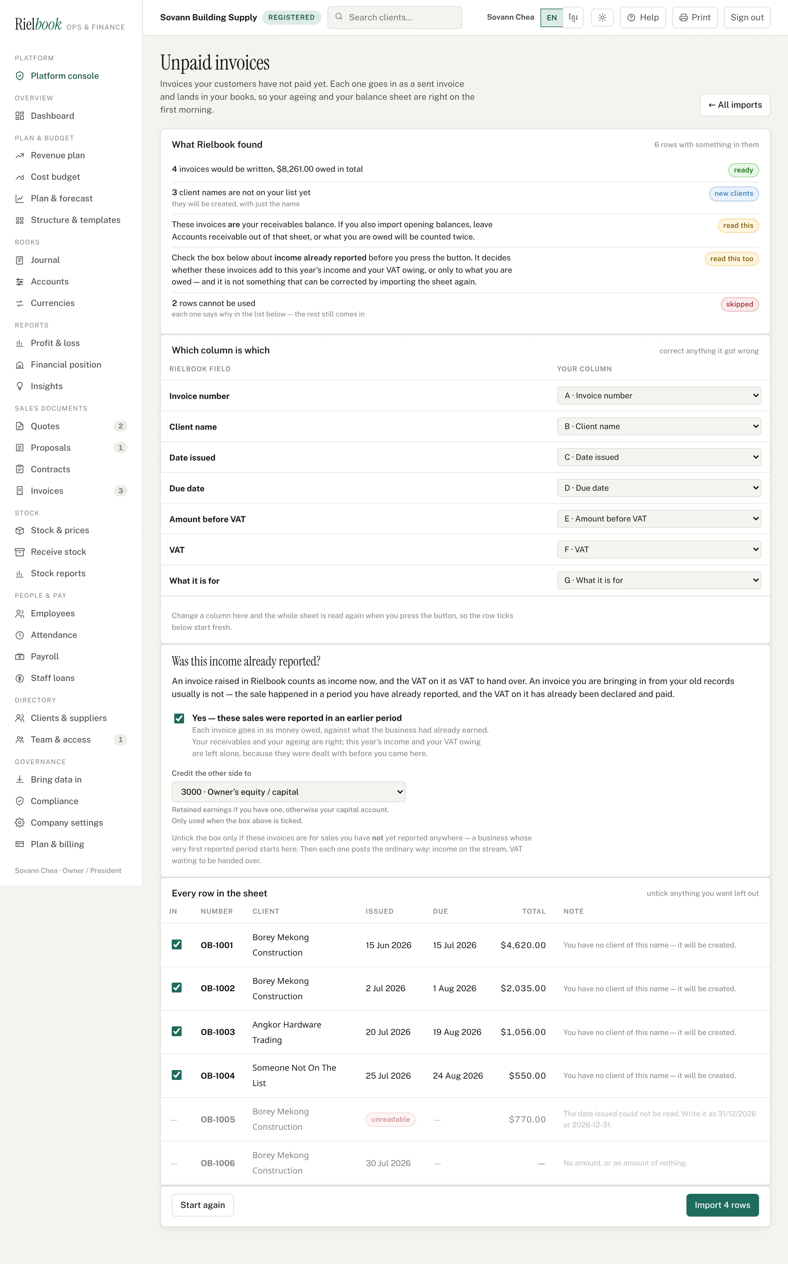 The preview of an unpaid-invoice import, with four rows ready and two that cannot be used